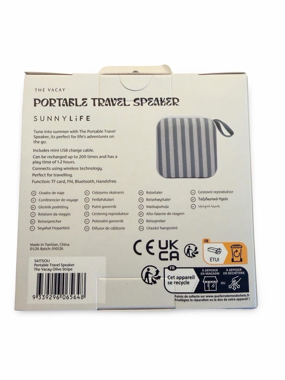 Sunnylife Green and White Stripe Portable Bluetooth Speaker with Carry Loop - Picture 5 of 5